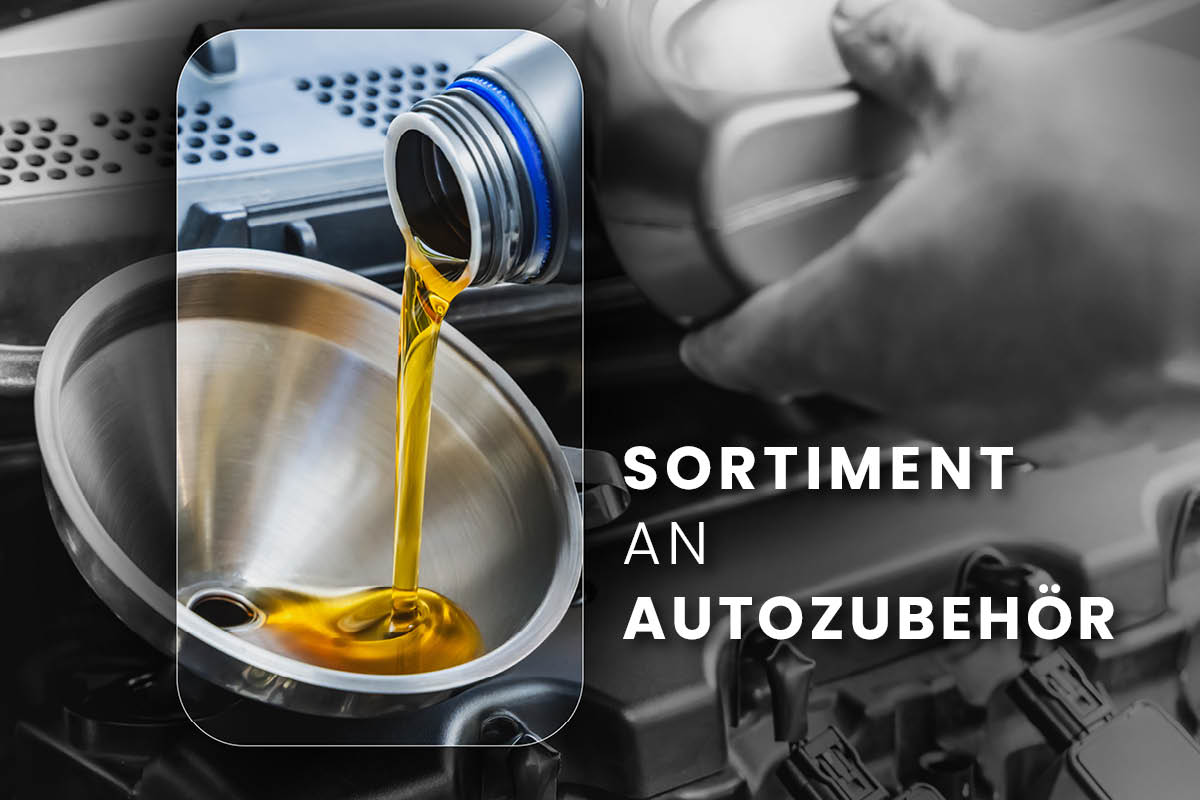 Ein Ölbehälter wird in einen Trichter am Motor eingefüllt. Das Bild steht für ein vielfältiges Sortiment an Autozubehör.