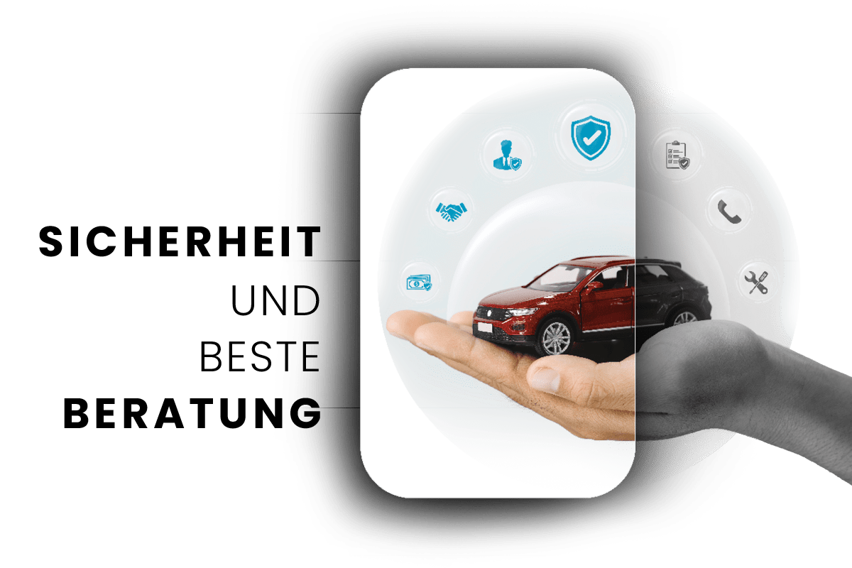 Eine Hand hält ein rotes Modellauto, im Hintergrund sind verschiedene Symbole zu Service, Beratung und Sicherheit zu sehen, was umfassende Dienstleistungen rund ums Auto vermittelt.