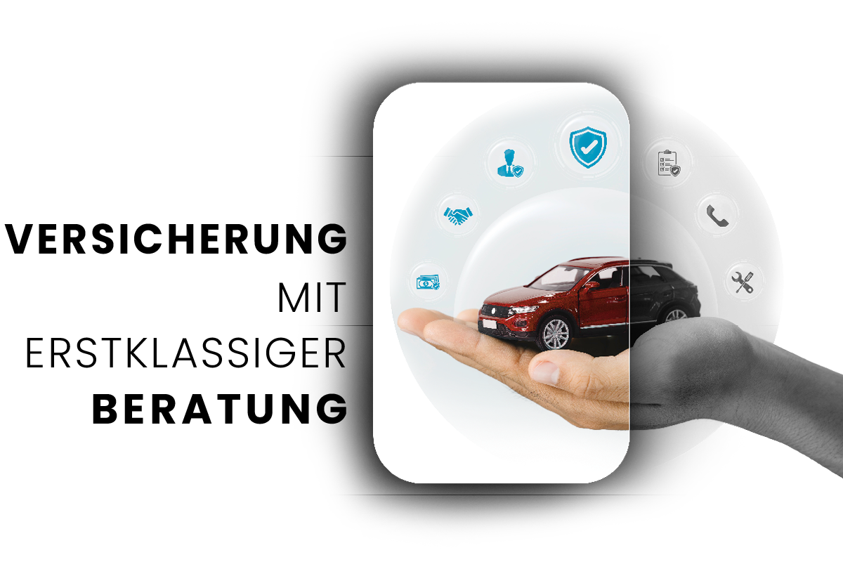 Eine Hand hält ein rotes Modellauto, im Hintergrund sind verschiedene Symbole zu Service, Beratung und Sicherheit zu sehen, was umfassende Dienstleistungen rund ums Auto vermittelt.