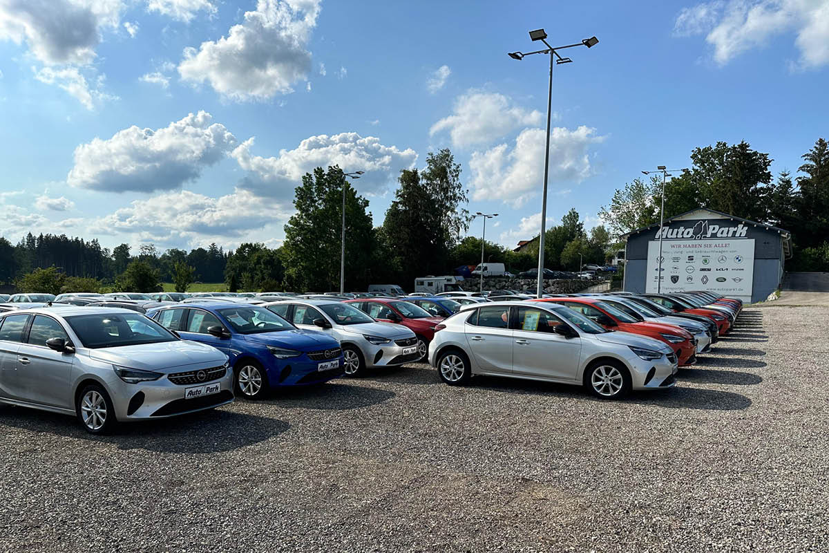Zahlreiche farbige Autos stehen ordentlich aufgereiht auf einem großen Parkplatz vor einem Autohaus unter blauem Himmel, im Hintergrund ist das Gebäude mit dem Schriftzug „Auto Park“ und verschiedenen Markenlogos zu sehen.