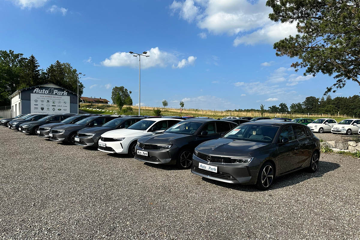 Zahlreiche farbige Autos stehen ordentlich aufgereiht auf einem großen Parkplatz vor einem Autohaus unter blauem Himmel, im Hintergrund ist das Gebäude mit dem Schriftzug „Auto Park“ und verschiedenen Markenlogos zu sehen.