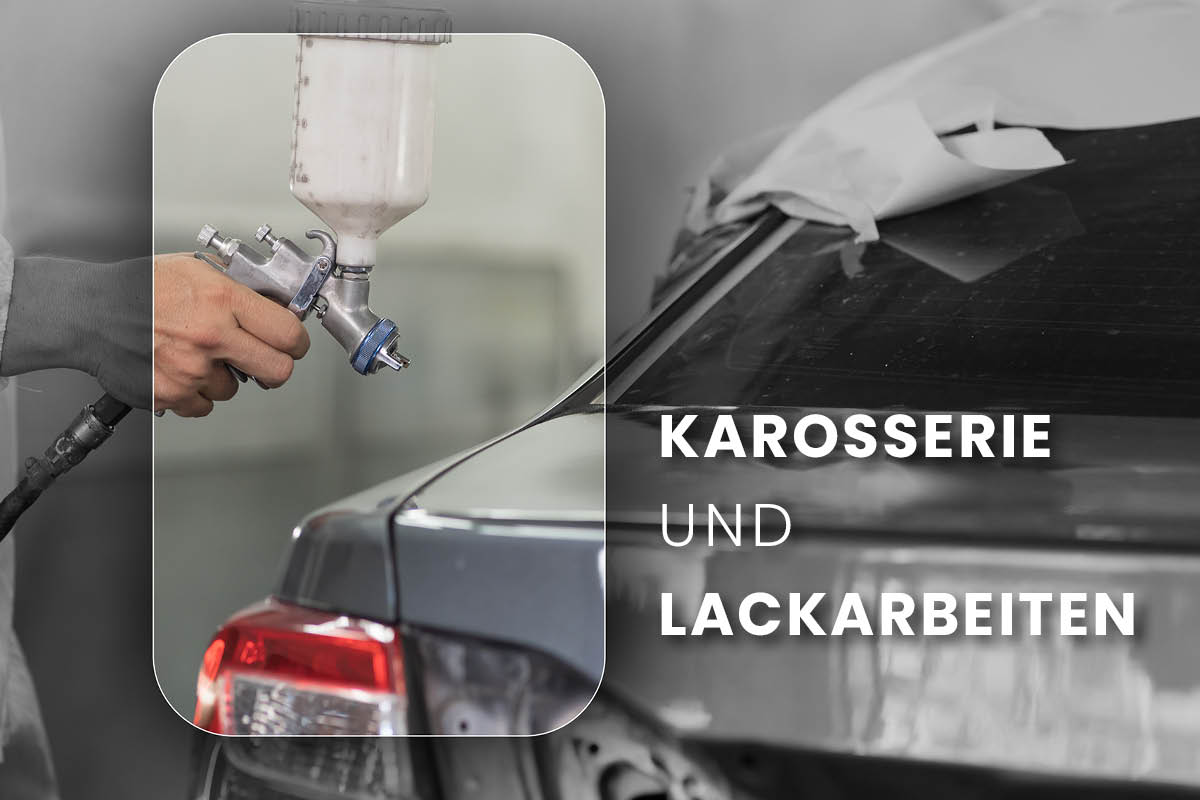 Eine Person lackiert das Heck eines Autos mit einer Spritzpistole. Das Bild steht für Karosserie- und Lackierarbeiten am Fahrzeug.