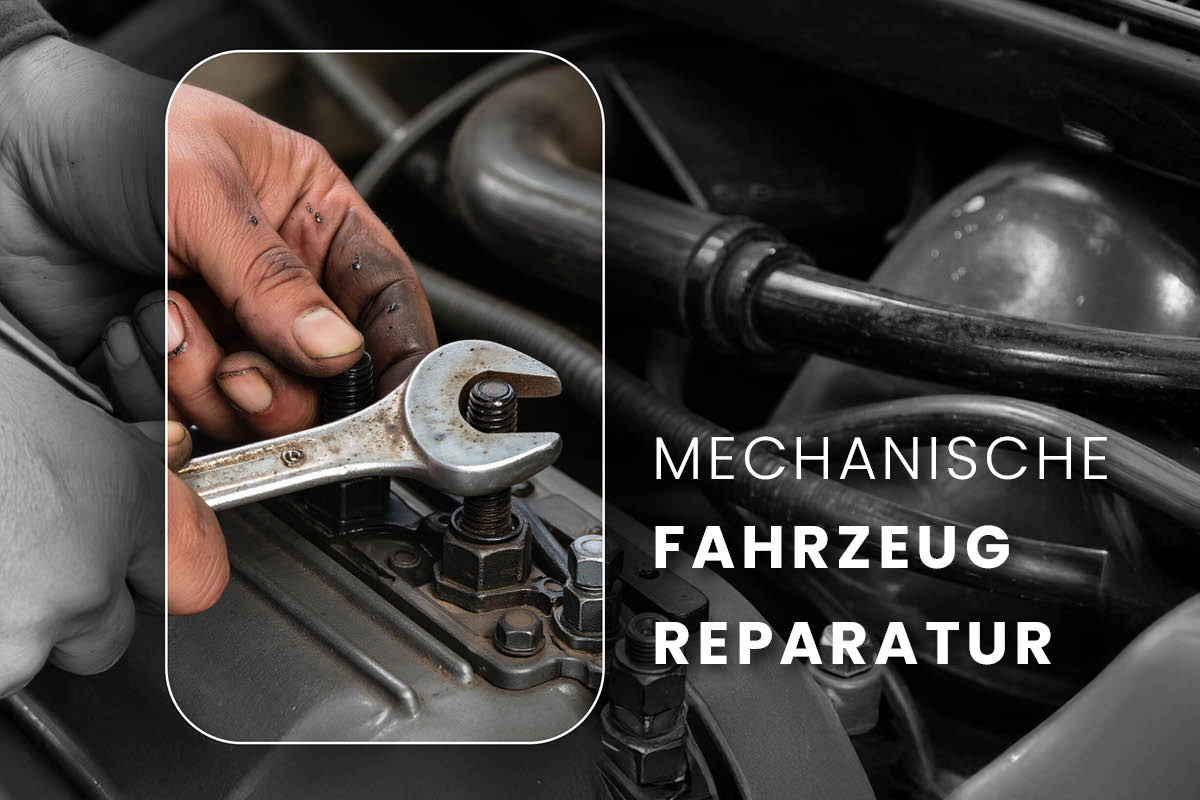 Eine Person repariert mit einem Schraubenschlüssel einen Fahrzeugmotor. Die Szene steht für mechanische Fahrzeugreparatur.